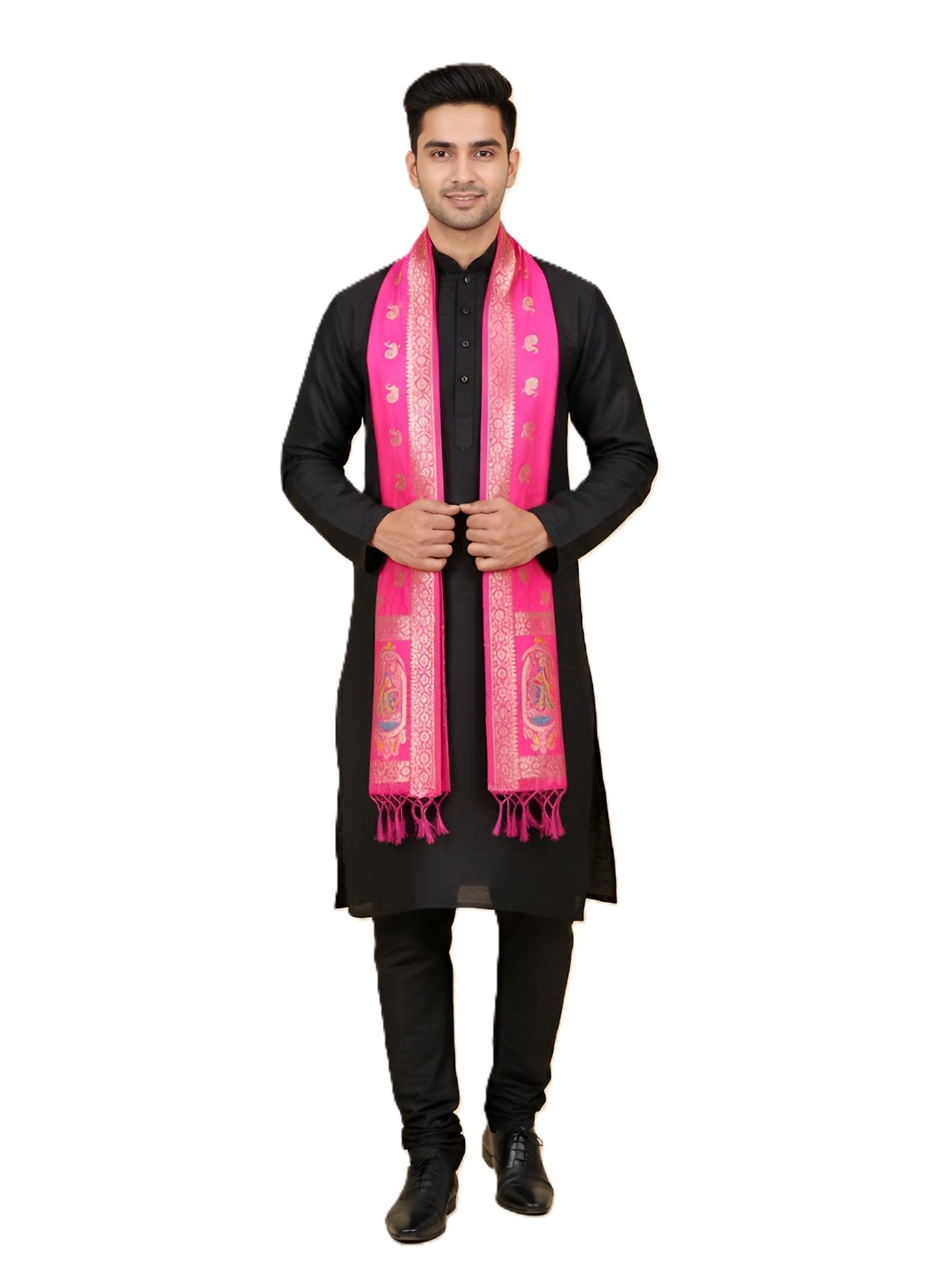 muffly Men’s Premium Silk Dupatta with Traditional Woven Motifs & Ornate Border | Ethnic Wedding Stole for Men Festive, Cultural & Ceremonial Wear | 2.3 x 0.9 Meter-picture-38