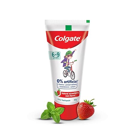 Colgate Kids Toothpaste with 0% Artificial Preservatives, Colours, Sweeteners for Whitening (6-9 Years, Natural Strawberry Mint Flavour - 80g Tube)