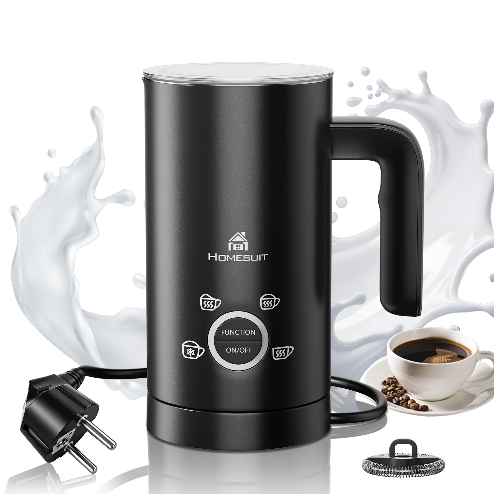 Homesuit Milchaufschäumer Elektrisch, 4in1 Automatischer Milchschäumer mit 300ml Großem Fassungsvermögen, 500W Edelstahl Milchaufschäumer Heiß und Kalt für Cappuccino, Latte Macchiato,Heiße Schokolade