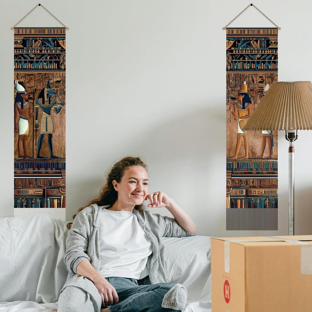 AHANDMAKER 2Pcs Ancient Egyptian Murals Tapestry Wall Hanging, Egypt Decor Hieroglyphics Pharaoh Art 45.7"x13" Long Vertical Banner with Tassels for Bedroom Living Room Backdrop Coffee Home Banner Décor