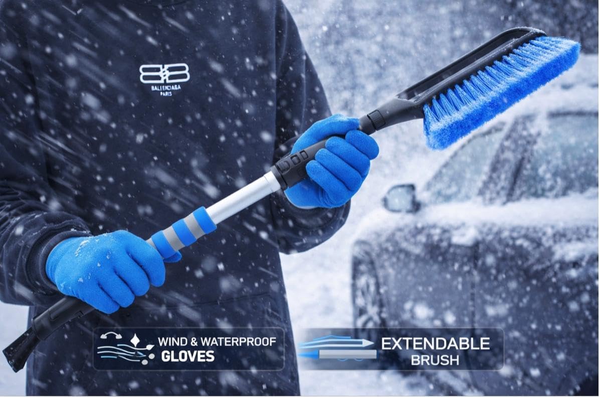 Extendable Snow Brush and Ice Scraper with Waterproof Gloves, 30.4-37.4 Inch Adjustable Length, Detachable Winter Car Cleaning Kit, Blue and Black