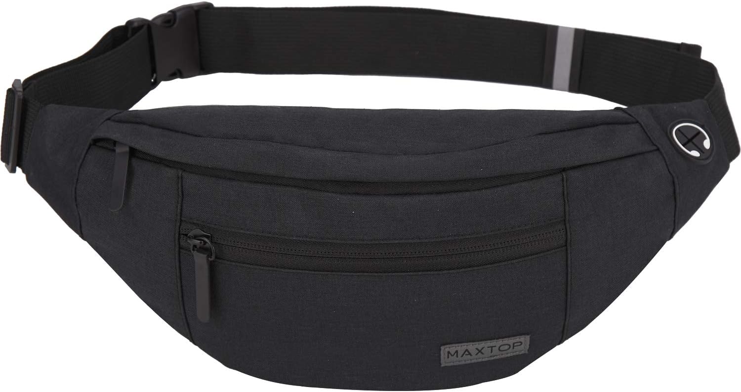 MAXTOP Large Bumbag Waist Fanny Pack for Men Women Bum Bag with Headphone Jack and 4-Zipper Pockets Adjustable Belt for Biking Running Jogging Traveling Outdoors Workout Cycling Fitness Hiking
