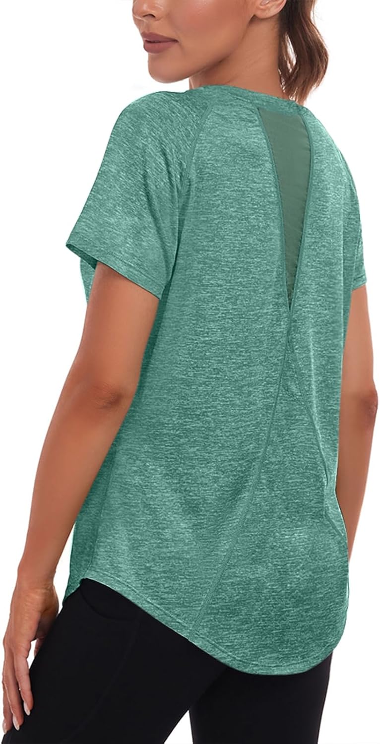 Women's Long Workout Tops,Short Sleeve Dry-Fit Mesh Open Back Loose Fit Gym Athletic Running Shirts Exercise Tee - Image 5