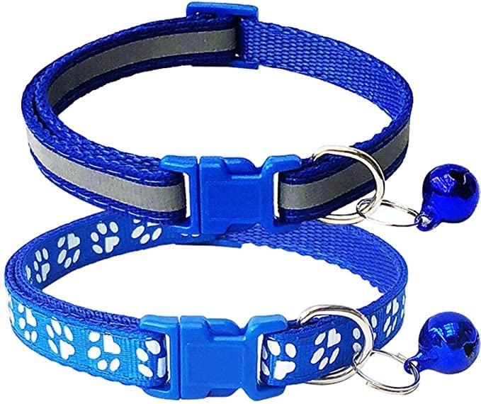 Woofy 2-Pack Footprint & Reflective Cat Collar with Bell Basic Dog Cat Collar Buckle Adjustable Polyester Cat Dog Collar or Seatbelts - X-Small (Blue Color)