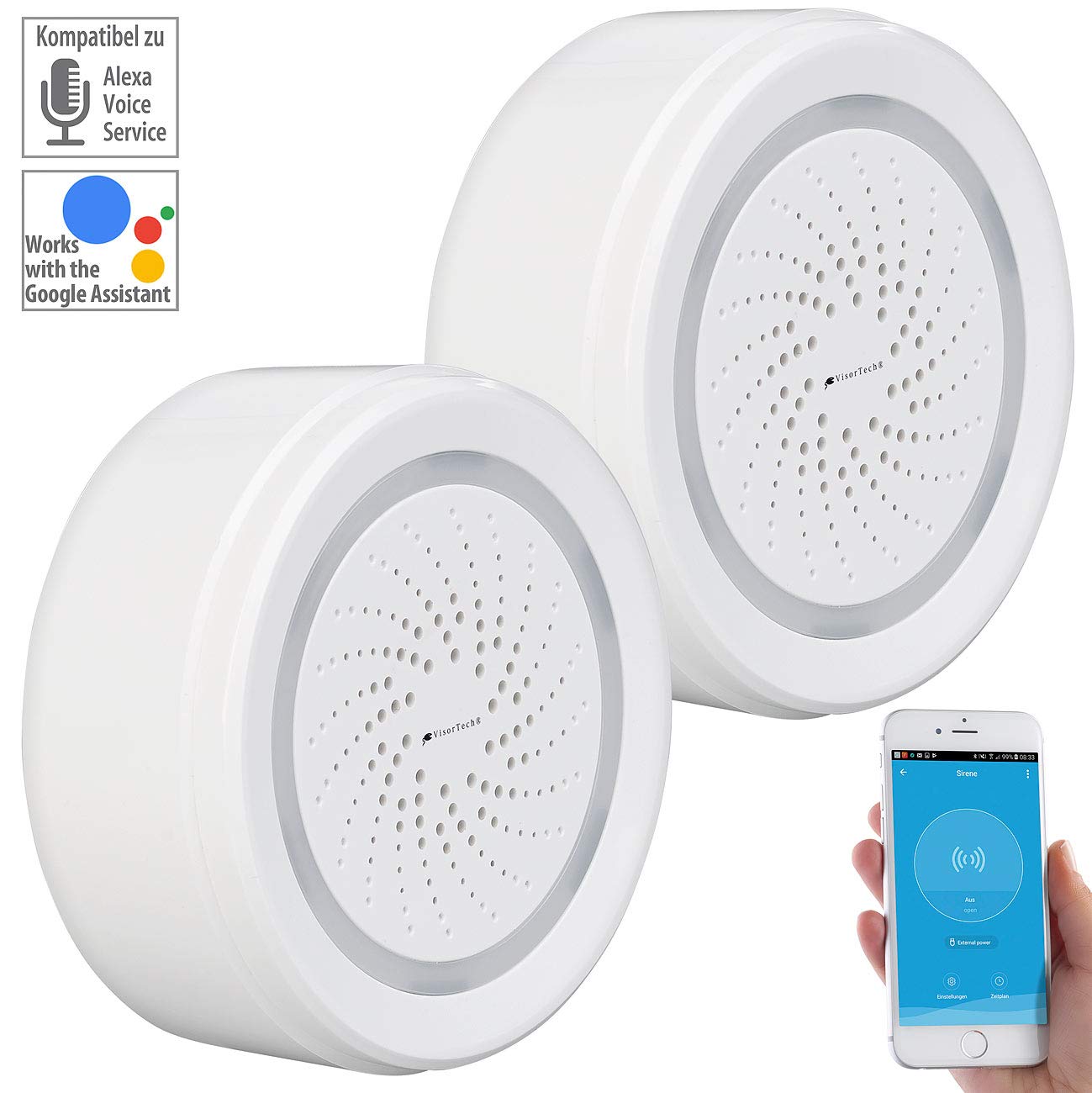VisorTech Netzwerk-Sirene: 2er-Set Alarm-Sirene mit WLAN & App, komp. zu Alexa & Google Assistant (Funk-Alarmsystem, Funksirene)