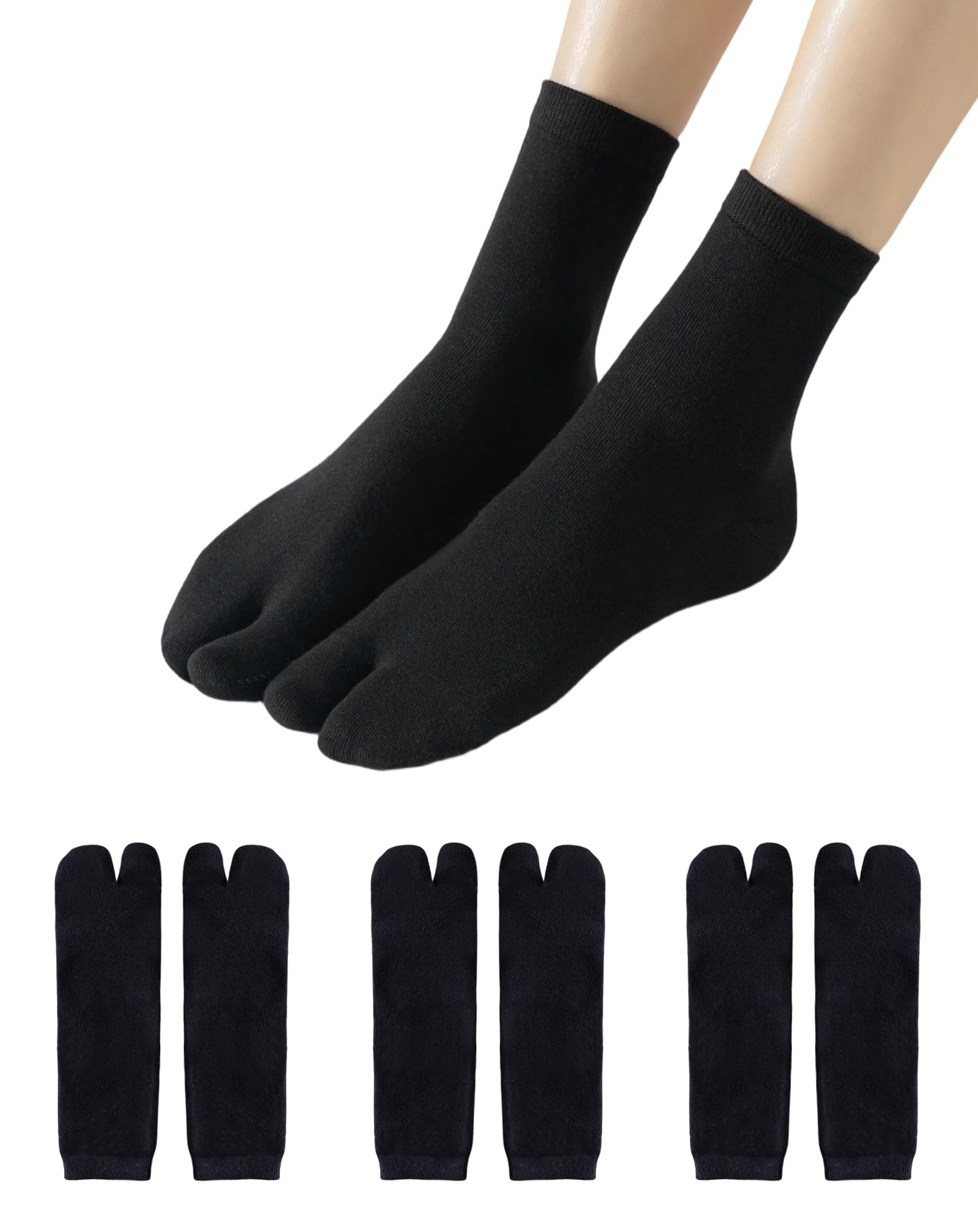Yawlsow 3 pary skarpet typu Flip Flop, Tabi, skarpetki japonki, skarpety z bawełny, skarpety z 2 palcami, jednokolorowe, średniej długości, do sandałów, kapci, na co dzień, rozmiar 35-41