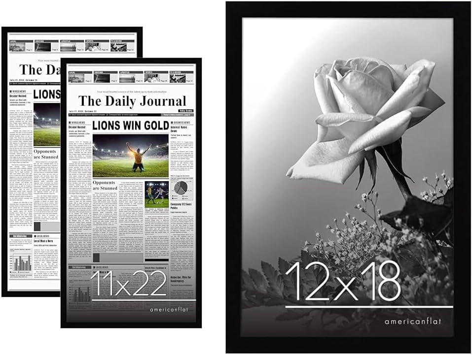 Americanflat 11x22 Newspaper Frame 2 Pack In Black - Assorted Media Article Cover Frame & 12x18 Poster Frame in Black - Composite Wood with Polished Plexiglass