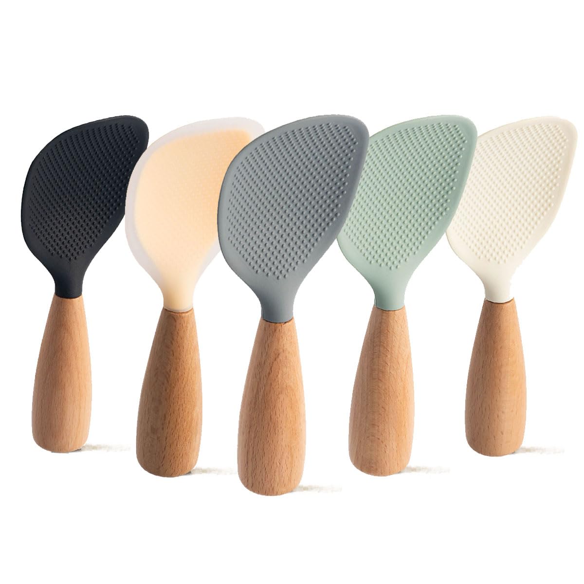 BRIIEC 1pc Gray Silicone Rice Serving Spoons with Wooden Handle, Heat Resistant Rice Spoon, Nonstick Standing Rice Ladle Scooper Spatula for Home,