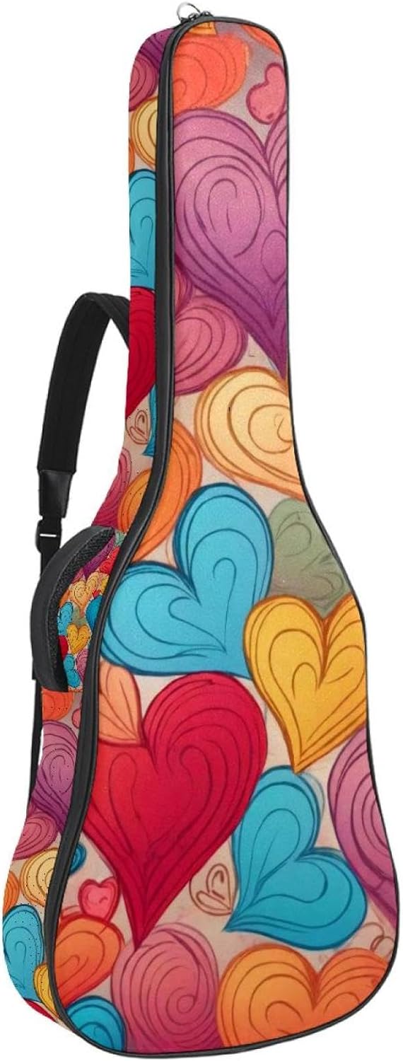 Acoustic Guitar Gig Bag 1 cm Thick Padding, Waterproof Electric Guitar Bag 40-42 Inch Guitar Case Backpack with Dual Shoulder Strap, Colorful Hearts