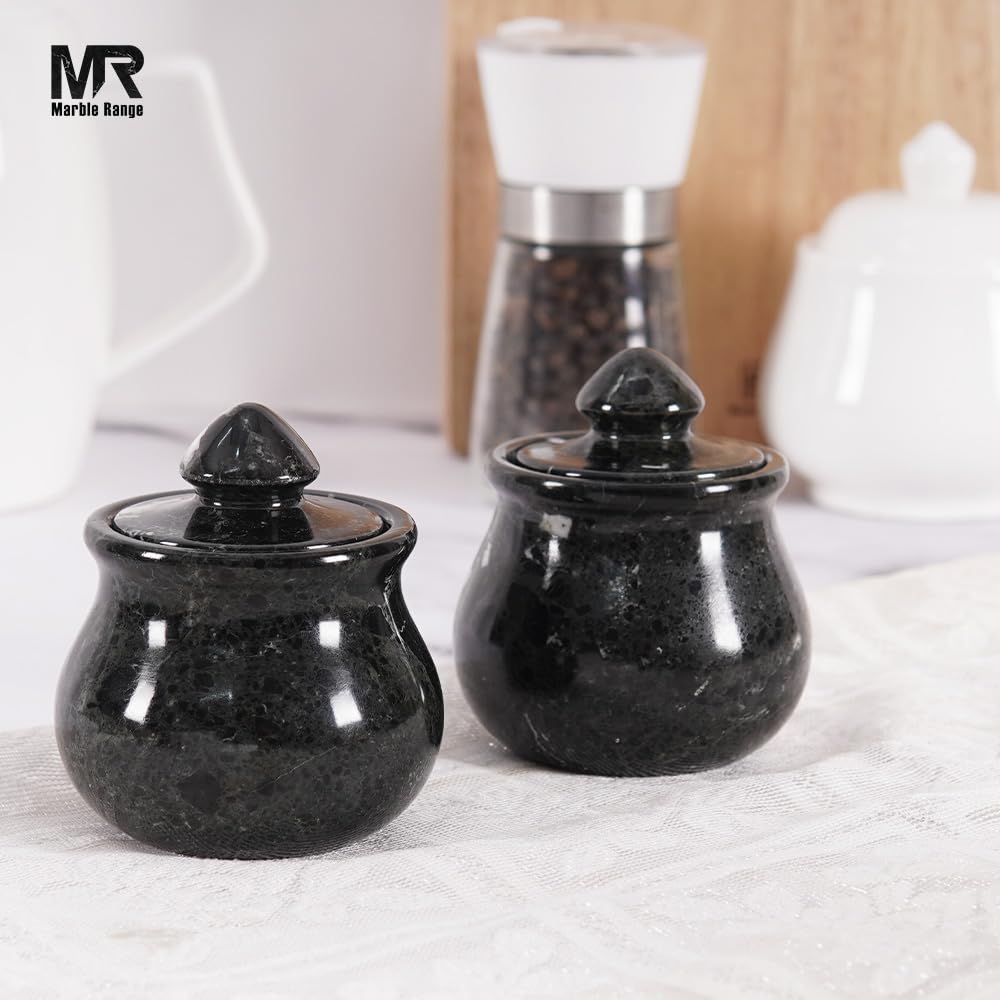 Salero de mármol con tapa de 3.5 pulgadas, color negro, hecho a mano, juego de 2, cuenco decorativo para sal y pimienta para encimera de cocina, especias, azúcar, hierbas y almacenamiento de