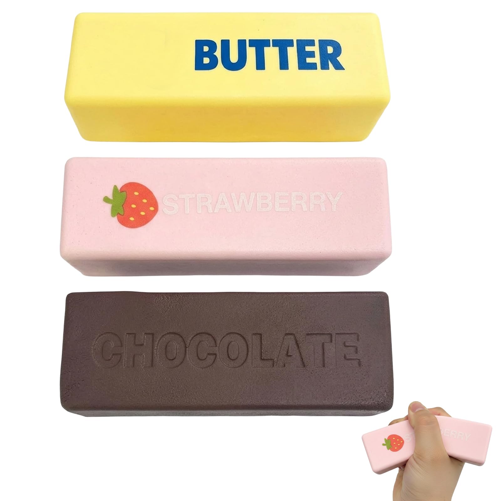Chocolate Slow Rising Fidget, Rectangle Stress Relief, 3-Piece Set with Buter, Chocolate, and Strawberry Designs, Soft Texture for Sensory Play and Relaxation
