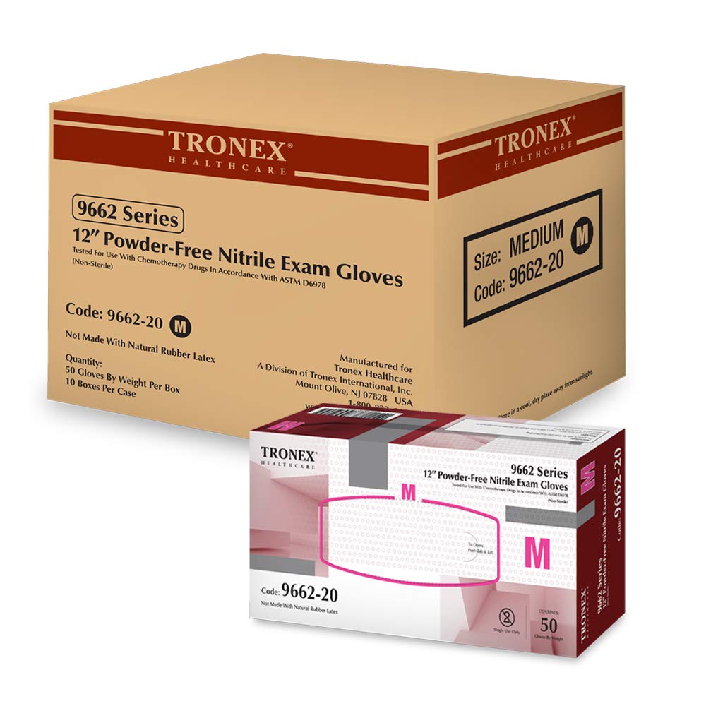 TRONEX Chemo-Rated Fully Textured Nitrile Exam Gloves, 12" Long, Extra-Thick (8 mil), Powder Free, Non-Sterile, Blue