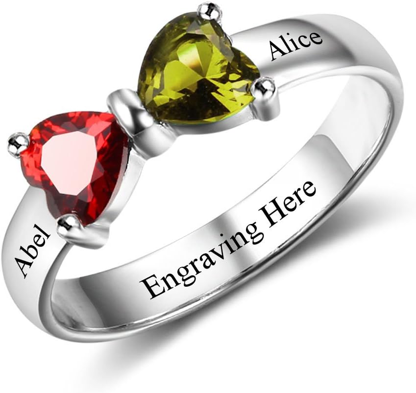 Lovejewelry Personalized Sterling Silver Promise Rings for Her Custom Engraved 2 Names Simulated Birthstone Mothers Rings for Women