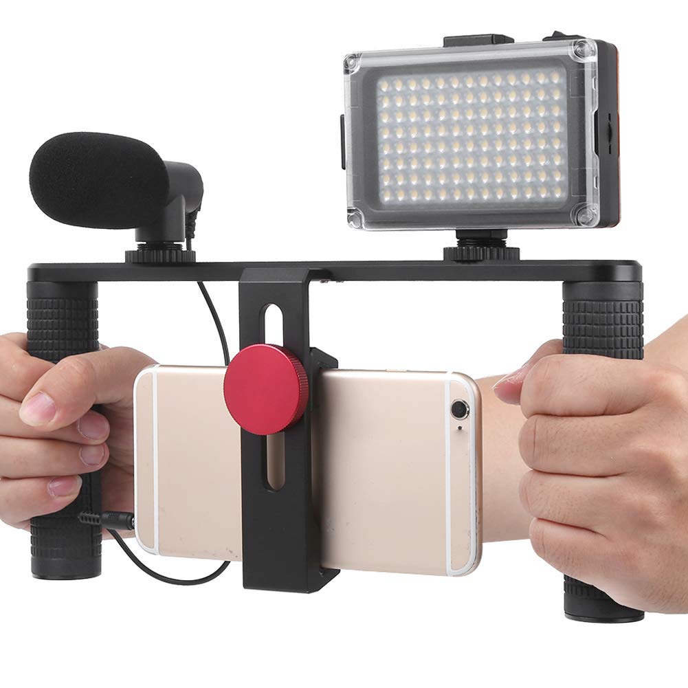 Set de Soporte para teléfono móvil de Dos Manos, Agarre estabilizador de vídeo para Smartphone con luz de Relleno y micrófono, Jaula de aleación de Aluminio para fotografía y