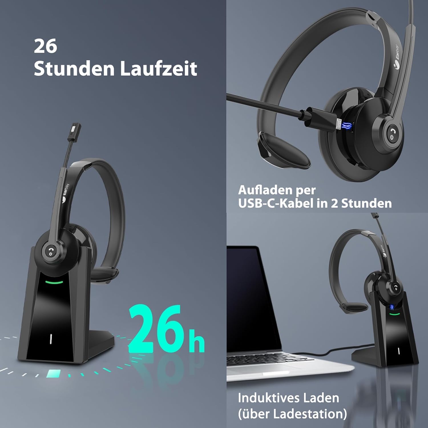 Earbay Headset mit Mikrofon Bluetooth, Kabelloses Headset mit Rauschunterdrückung, inklusive USB-Dongle und praktischer Stummschaltung & Ladestation für Computer/Meeting/Handy/Call Center/Büro