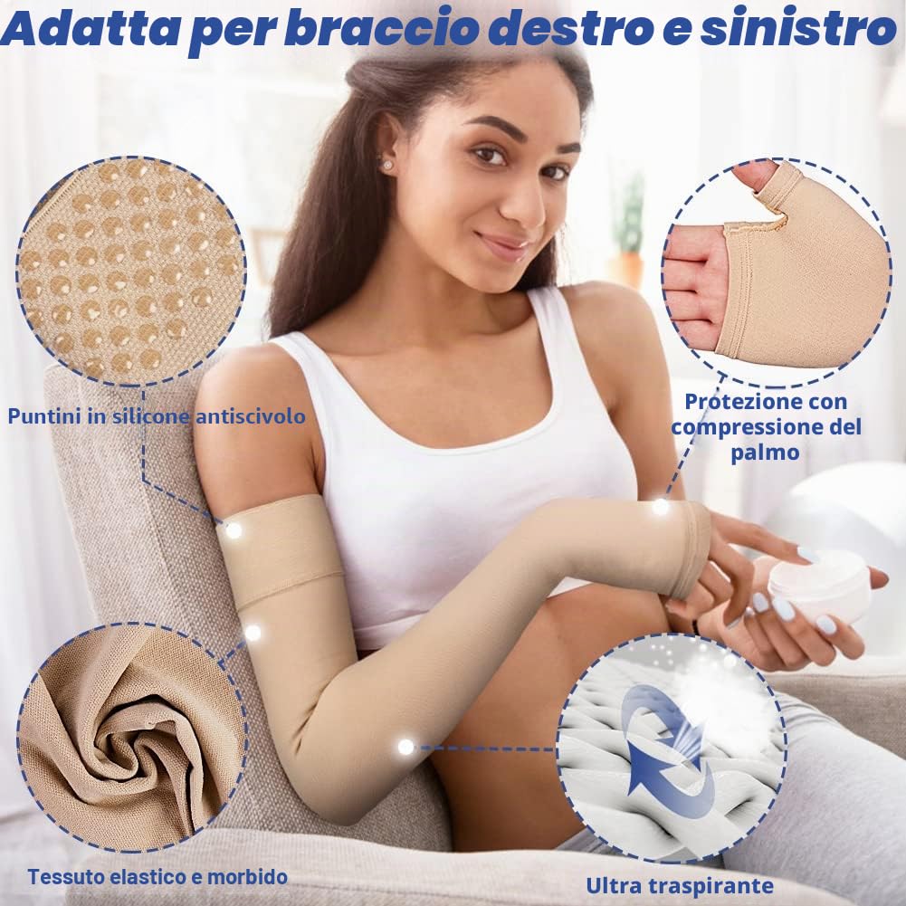 beister Manicotto a compressione per braccio con guanto, 20-30 Mmhg, braccio completo con fascia in silicone, graduato per uomini e donne, unisex, XL, beige, tinta unita, BI-AS-017-BG-XL-DE