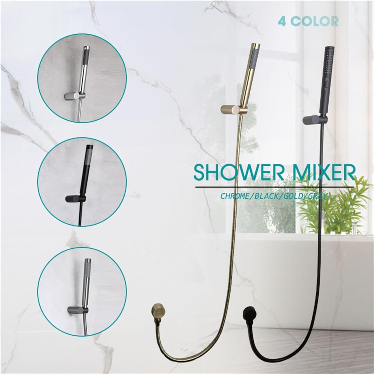 Bathroom Brass Round Hand Shower Set Brushed Gold Matt Black Metal Grey in Wall Outlet with Shower Holder 1.5 Hose (Color : A BG with Outlet)