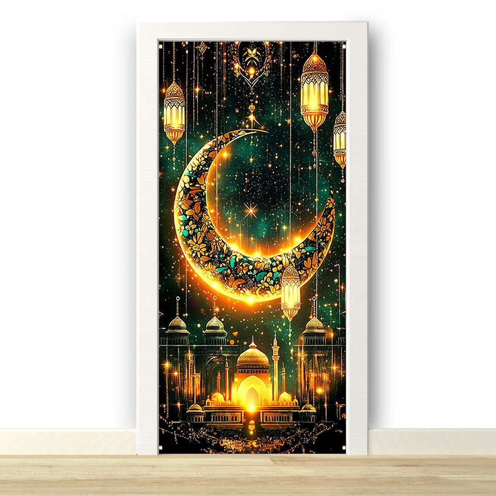 Ramadan Eid Mubarak Door Banner – 180x90cm Polyester Eid Decoration with Crescent Moon & Lantern Design, Includes White Ribbon – Ideal for Ramadan, Eid al-Fitr, and Eid Celebration Home Decor