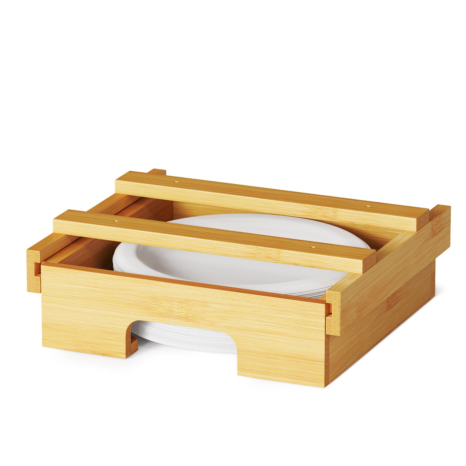 SpaceAid Dispensador de platos de papel de 8.5 pulgadas, soporte de platos de bambú debajo del gabinete, soporte vertical para platos de cocina para encimera de encimera (para platos de 8.5 pulgadas,