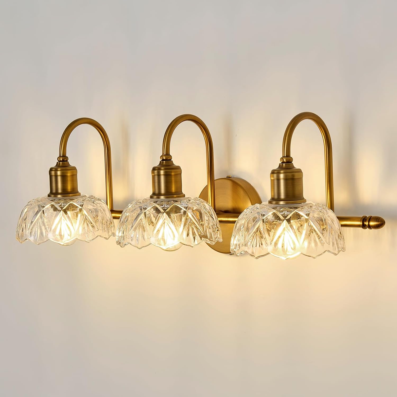 UOFUS Gold Vintage Vanity Light 3 Lights Bathroom Lighting Fixtures Over Mirror with Clear Glass Shade