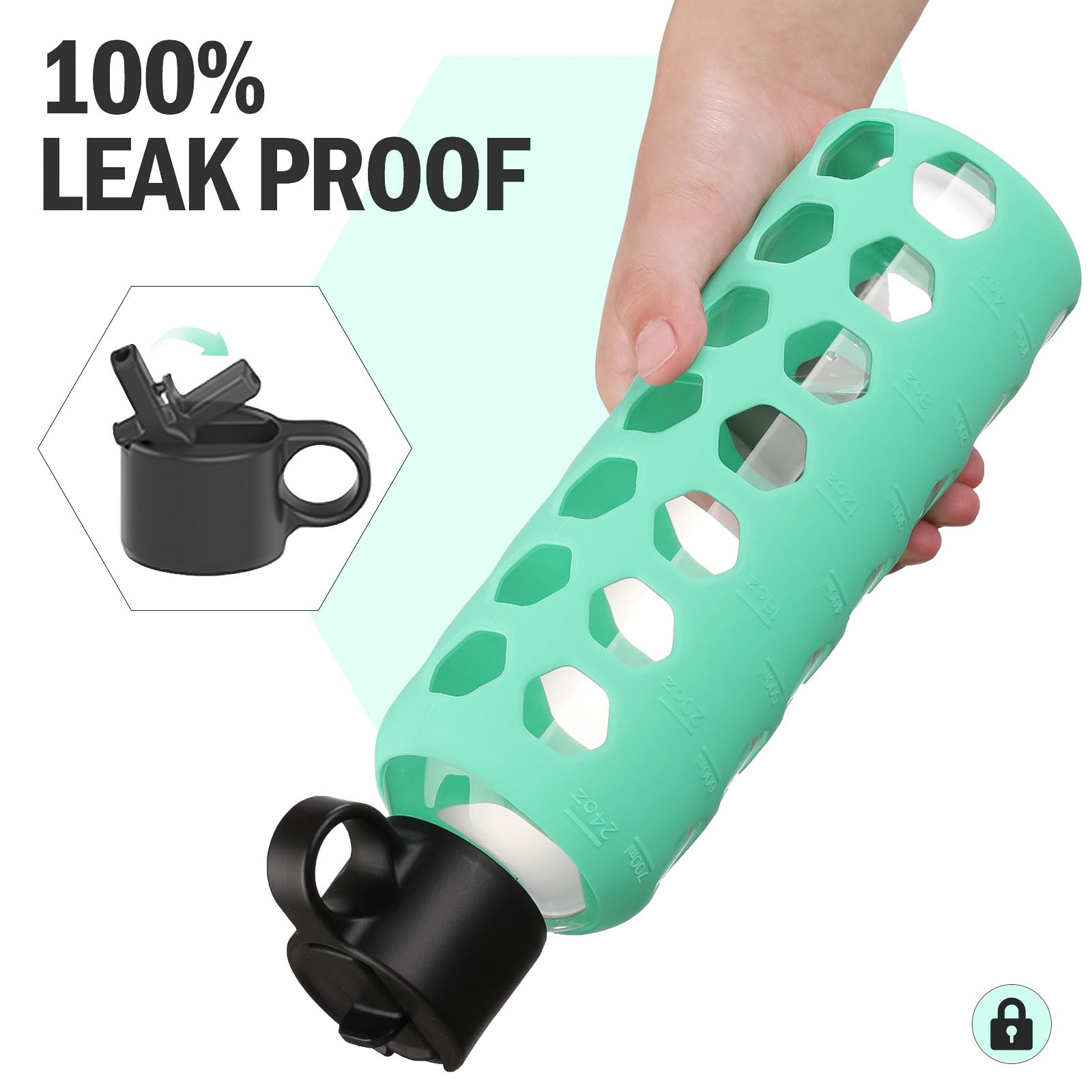 BLUEGO Borracce in vetro, 700ml Bicchiere in vetro, Bottiglie per bere con 2 coperchi, Bottiglia per l'acqua sportiva con custodia in silicone, A prova di perdite, Verde