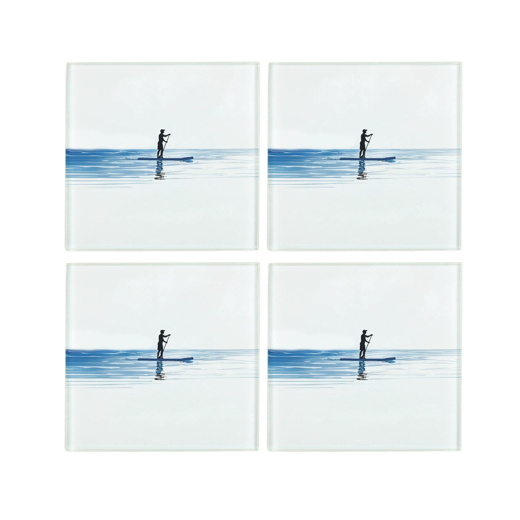 Paddleboard Coasters Set - Blue Glass Square Non-Slip Drinks Coasters Gifts for SUP Fans, Set of 4
