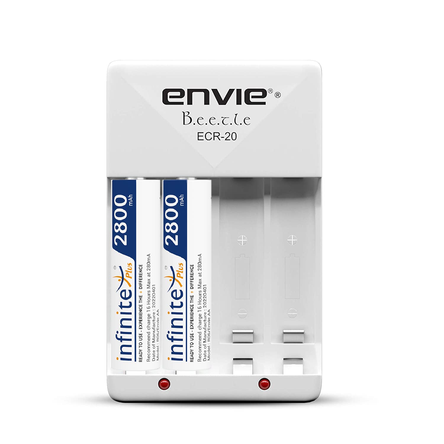ENVIE High Speed Wall Plug Charger ECR 20 for AA & AAA Ni-mh/Ni-cd Rechargeable Batteries | 2000MA Output Current | with 2 AA2800 Ni-mh Batteries (ECR2028002PL)