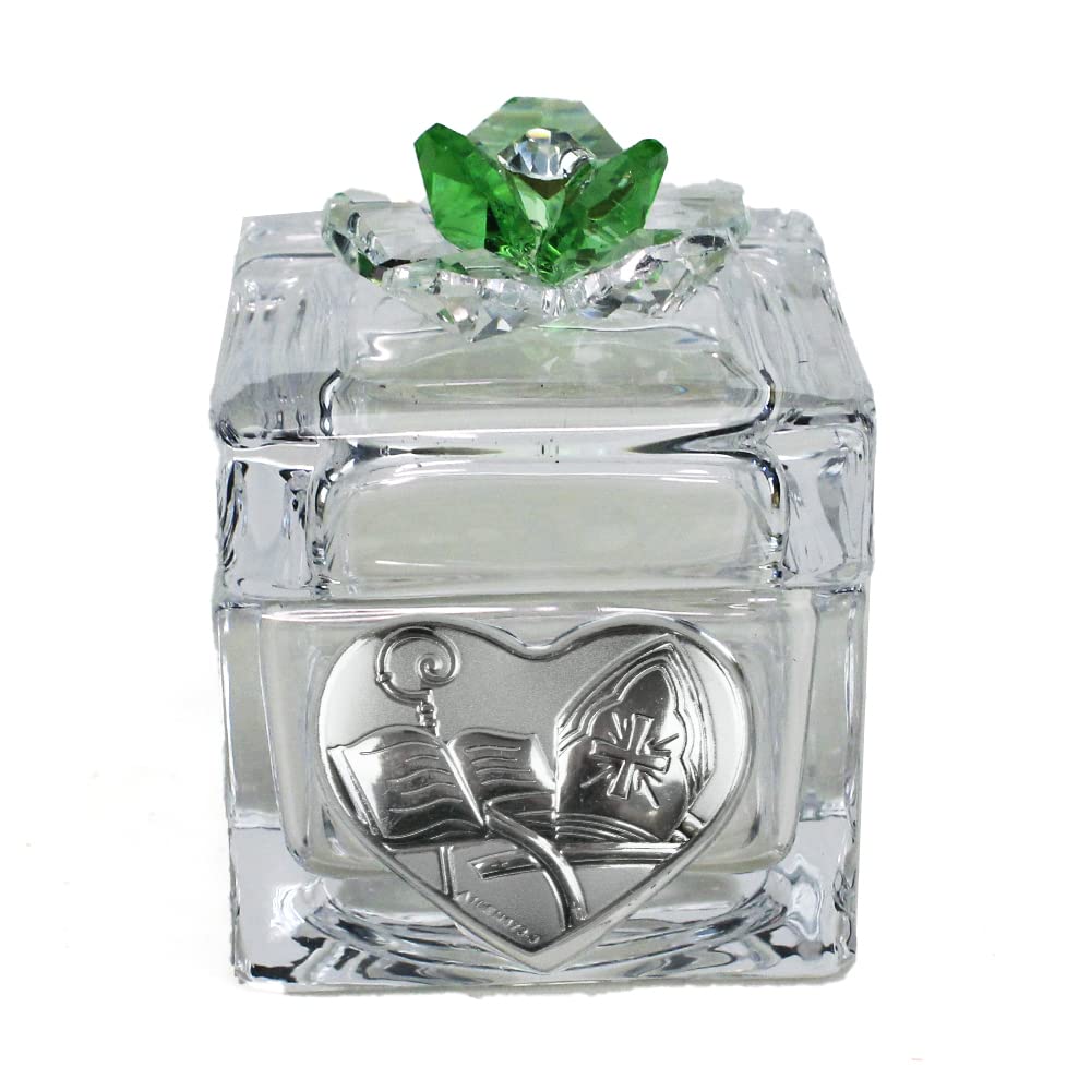 DLM 34454-verde (Kit 12 Pezzi) Scatola Scatolina Porta Confetti in Vetro con Fiore colorato in Cristallo e Cuore Santa Cresima Confettata_Verde bomboniera