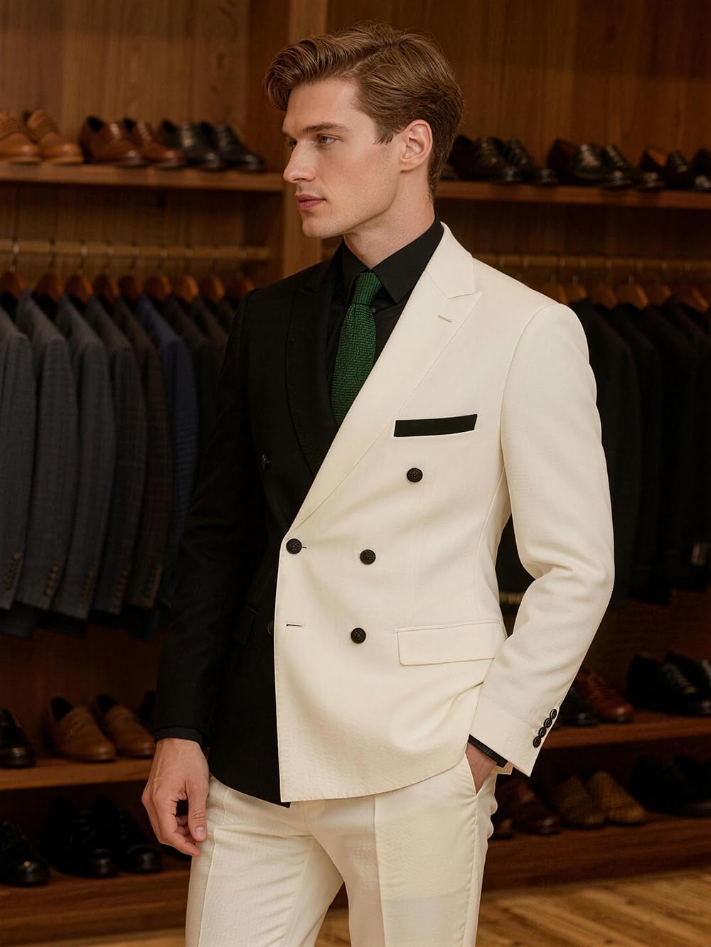 Mens Double Breasted Suit 2 Piece Slim Fit Wedding Prom Suits Peak Lapel Blazer Pants Outfit