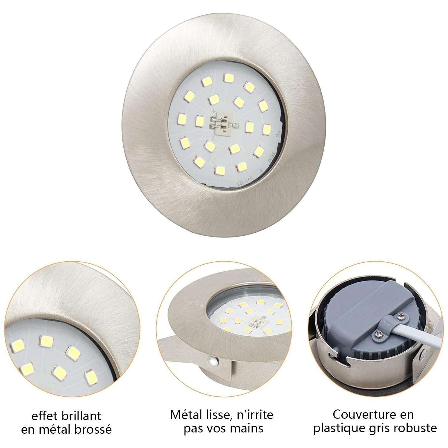Lot de 6 spots LED encastrables ultra plats IP44 5 W ronds en nickel 500 lm Blanc froid 6000 K 230 V