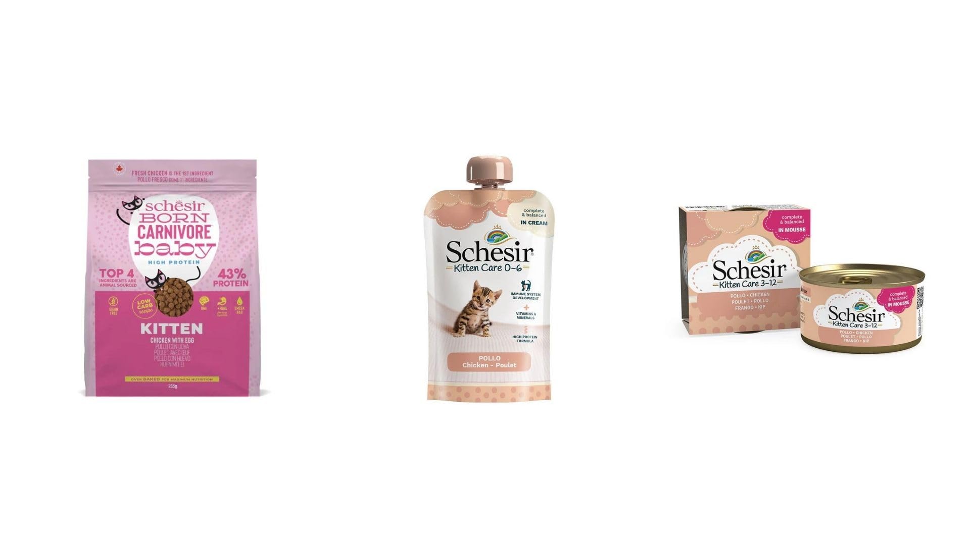 Schesir | Pack Bienvenida para Tu Gatito | Pienso, Sobres Y Latas | Variados A Elegir | (Pack 2, Pienso Pollo Huevo 255Gr + 20x150Gr Pollo Crema + 14x85Gr Pollo Mousse)