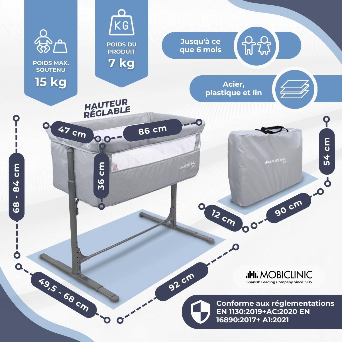 Mobiclinic®, Lit bébé cododo, 2 en 1, Système de Fixation au Lit, Réglable 5 hauteurs, Sac Transport, Roues incluses, Maille Respirante, Base rembourrée, Moon