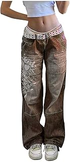 Straight Jeans Women's Flared Jeans, 90s Printed Jeans, Funky Wide Leg Y2K Jeans Low Waist Fashion Women's Jeans Wide Trousers Vintage Bootcut Jeans Loose Women's Jeans Baggy Jeans
