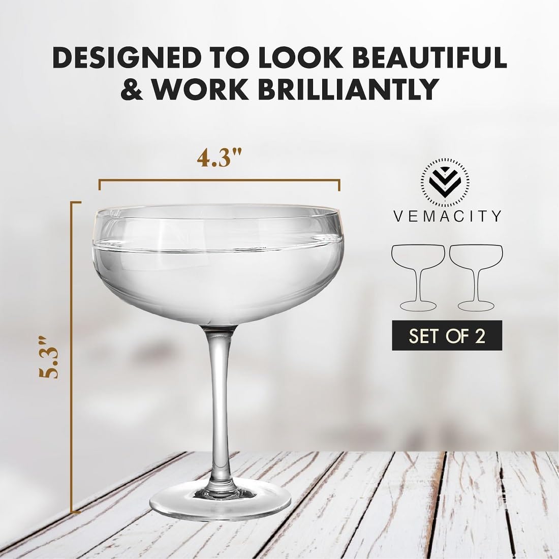 VEMACITY - Elegant Handblown Coupe Cocktail Glasses Set of 2 (10oz) - Crystal Espresso Martini Glasses, Champagne Saucers - Vintage Glassware | Wedding Gift | Ideal for Martinis and Margaritas