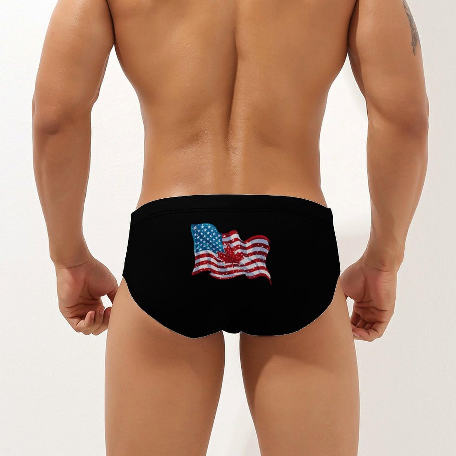Combined American Canadian Flag Mens Swim Briefs Quick Dry Swim Trunk Bikini Underwear Swimsuit XL