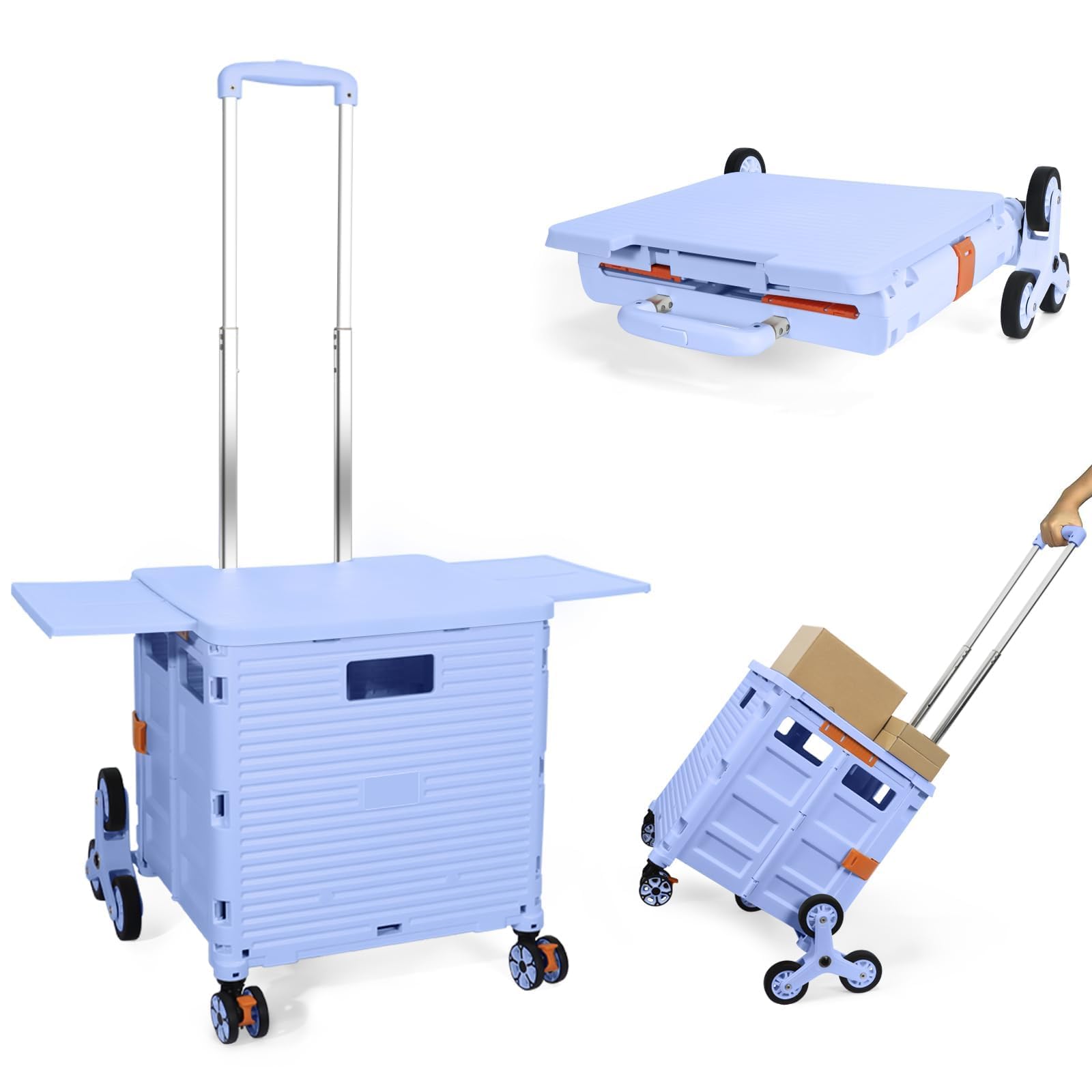Carrito de Compras Plegable, Carro Portátil Plegable con Ruedas para Subir Escaleras, Cesta Compacta con Tapa Magnética, Carrito Rodante con Mango Telescópico, Ligero y Resistente hasta 80KG-Azul
