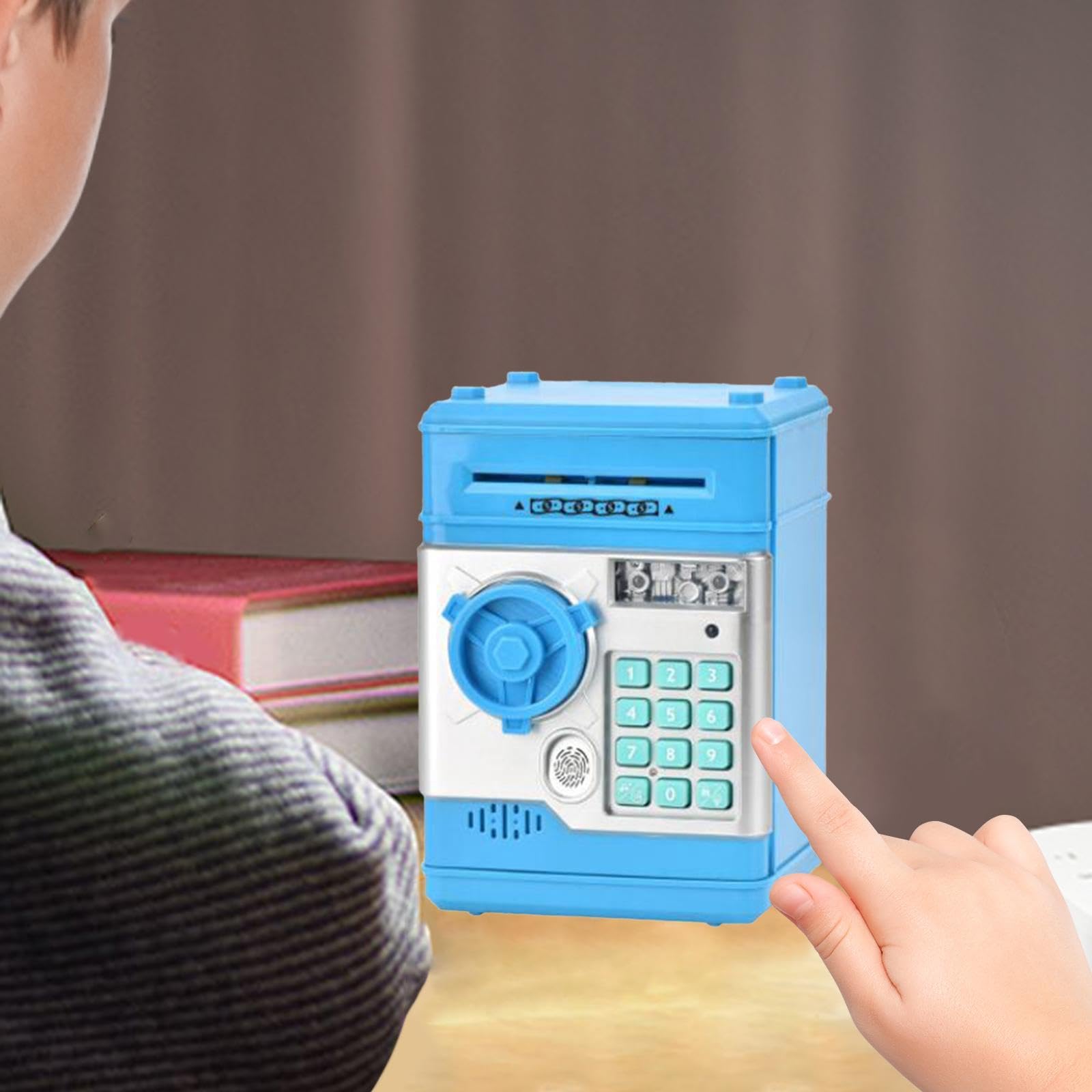 Caja Fuerte Electrónica Infantil Banco de Ahorros Juguete con Contraseña Bloqueo Dactilar Música Almacenaje Dinero Material Plástico Adecuado para Niñ, Azul Claro