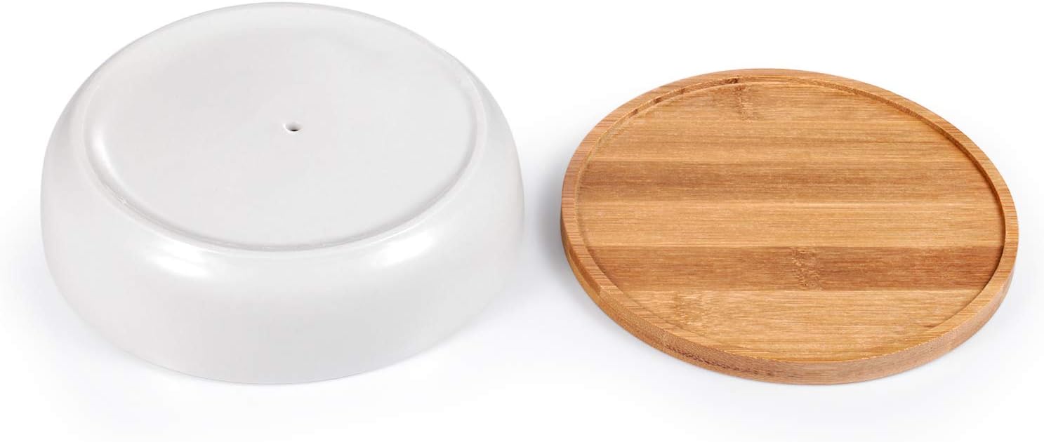 Binwen 6.3 inch Round Ceramic White Succulent Cactus Planters Pots with Drainage Bamboo Trays - Plants Not Included