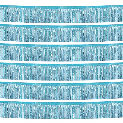 Image of 6 Pack 10 Feet Foil Fringe Garland Metallic Tinsel Streamers Banner Wall Hanging Curtain Backdrop Banner for Parade Floats, Thanksgiving, Christmas, Birthday, Halloween Party Decorations(Light Blue)