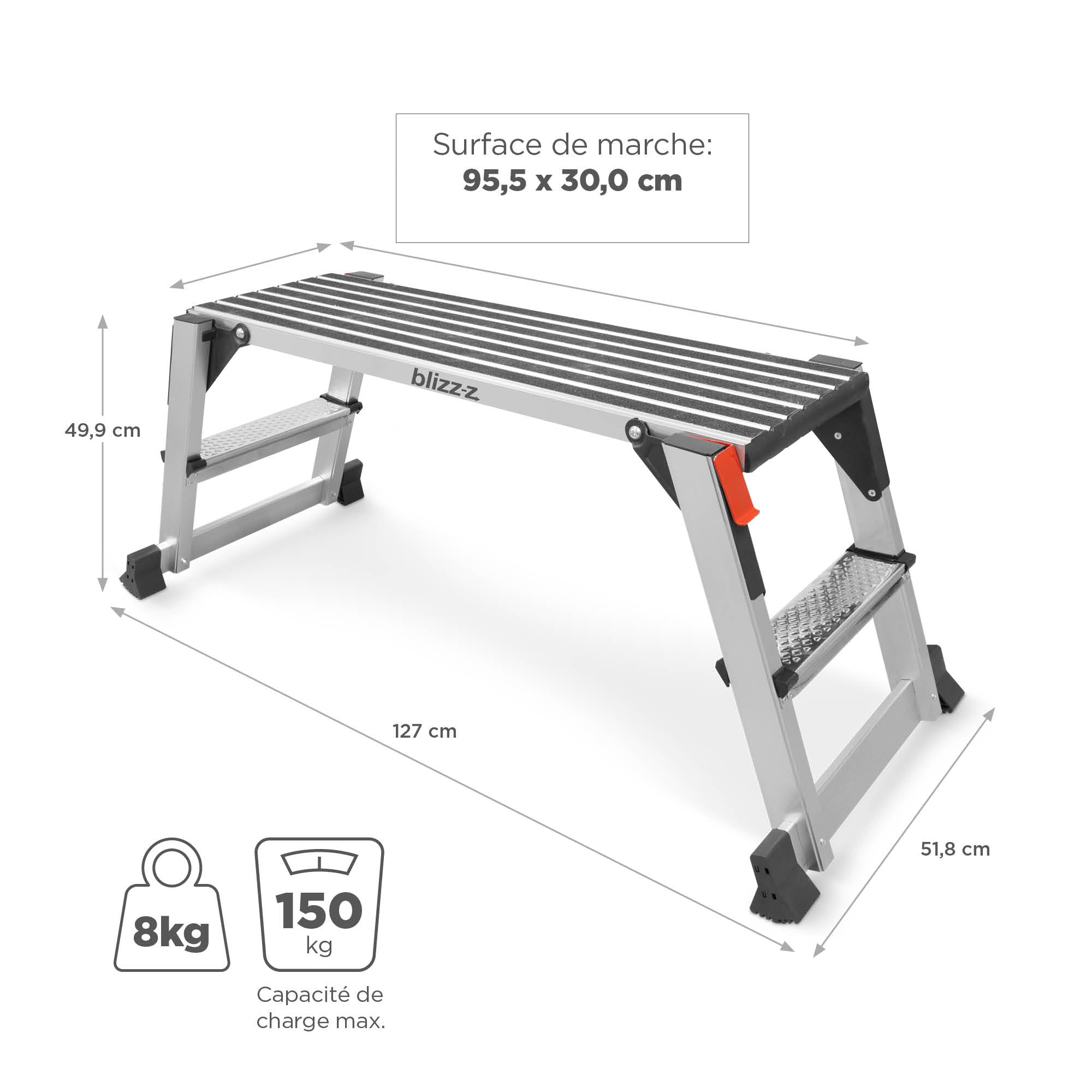 blizz-z Plateforme de Travail en Aluminium | Charge admissible 150 kg, Conforme à la Norme en 14183 | Hauteur : 49,9 cm, Longueur : 127 cm, Largeur : 51,8 cm | Estrade de Travail, escabeau