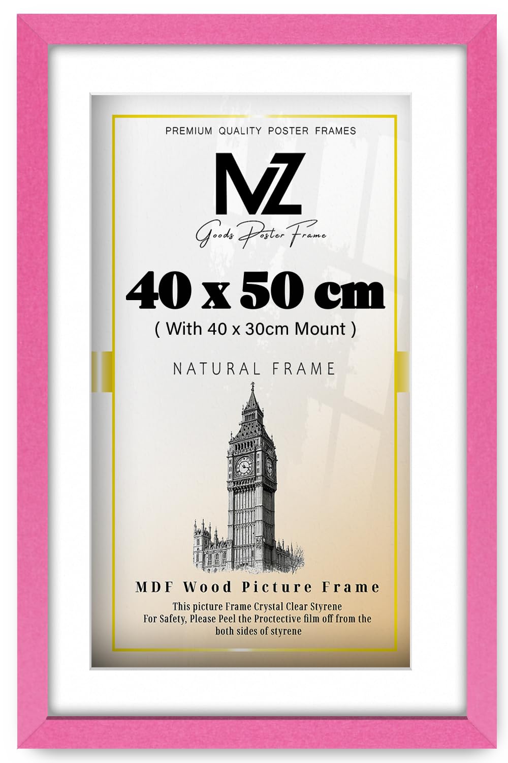 MZ GOODS | Stunning 1' 4" x 1' 8" Pink Posters Frame - (40 x 50 cm) with 40 x 30 cm White Mount for Posters & Artwork 20 x 16 Inch [ Pink ]