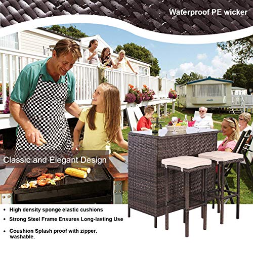 Polar Aurora 3Pcs Patio Bar Set With Stools And Glass Top Table Patio Wicker Outdoor Furniture With Beige Removable Cushions For Backyards, Porches, Gardens Or Poolside #TOP2