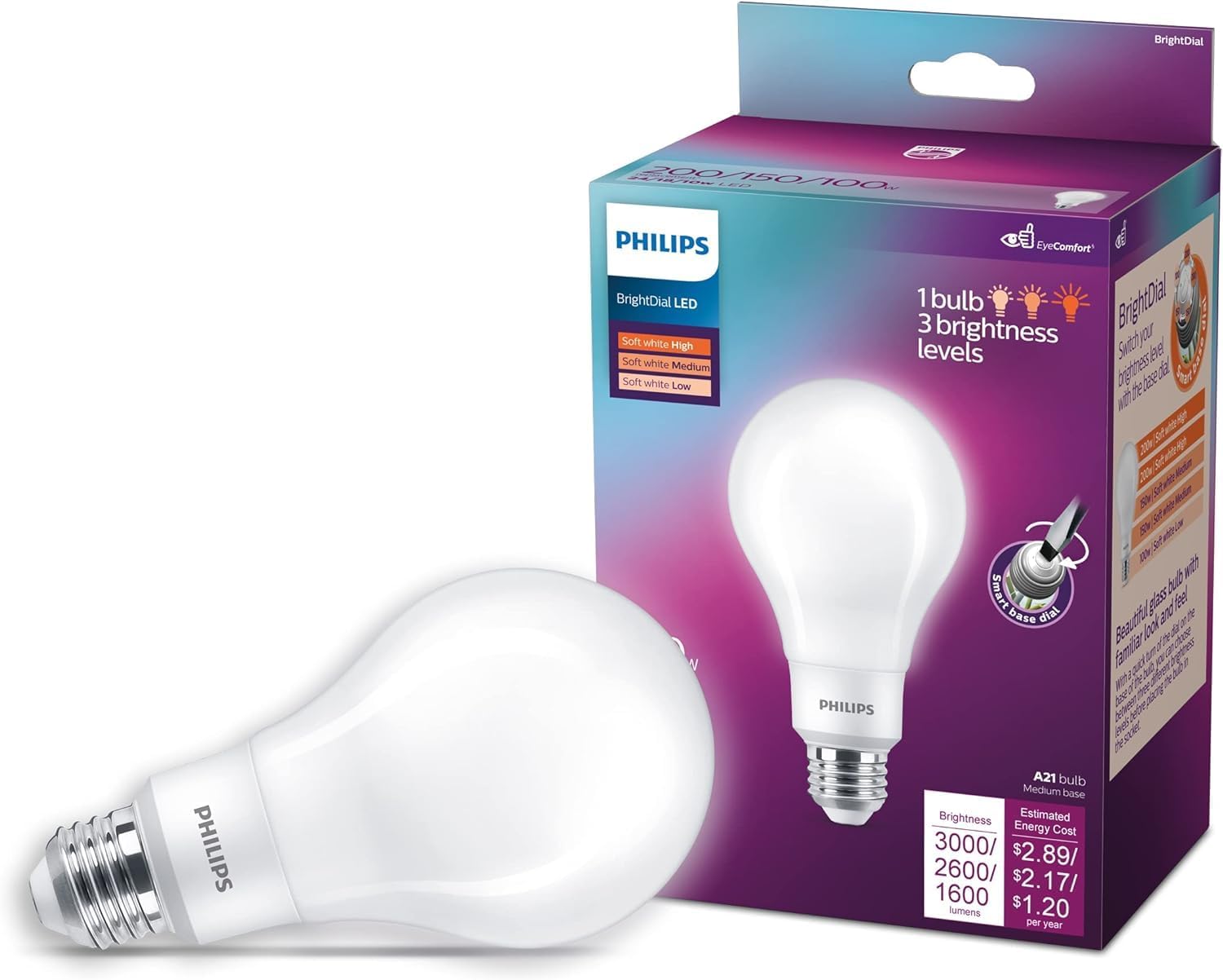 LED 200-150-100W A21 1-Pack BrightDial Soft White (2700K) 3000-2600-1600 Lumen (24-18-10W = 200-150-100W) Clear Flicker-Free Light Bulb