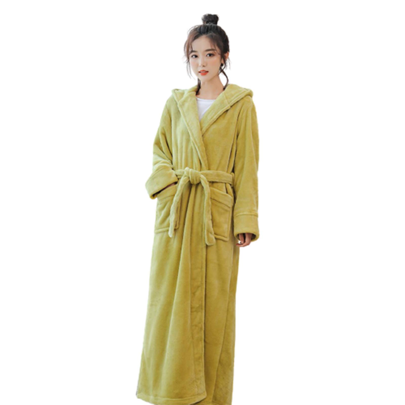 Women Men Winter Dressing Gown with Pockets Belt V-Neck Hooded Robe Soft Thicker Double Coral-Fleece Couple Bathrobe Women