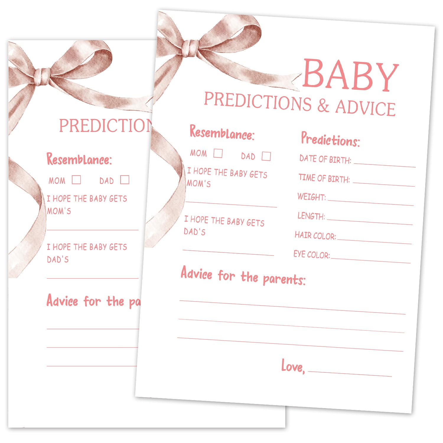 Przewidywania i porady dla dzieci Baby Shower zestaw do gier, 30 kart do gier z różową kokardą, karty do gier do ogłoszenia dziecka, ujawnienie płci, artykuły na baby shower i zajęcia - P09