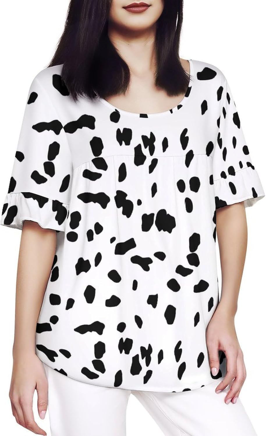 BageaKa Dalmatian Dog Print Women's Round Neck T Shirts Ruffle Short