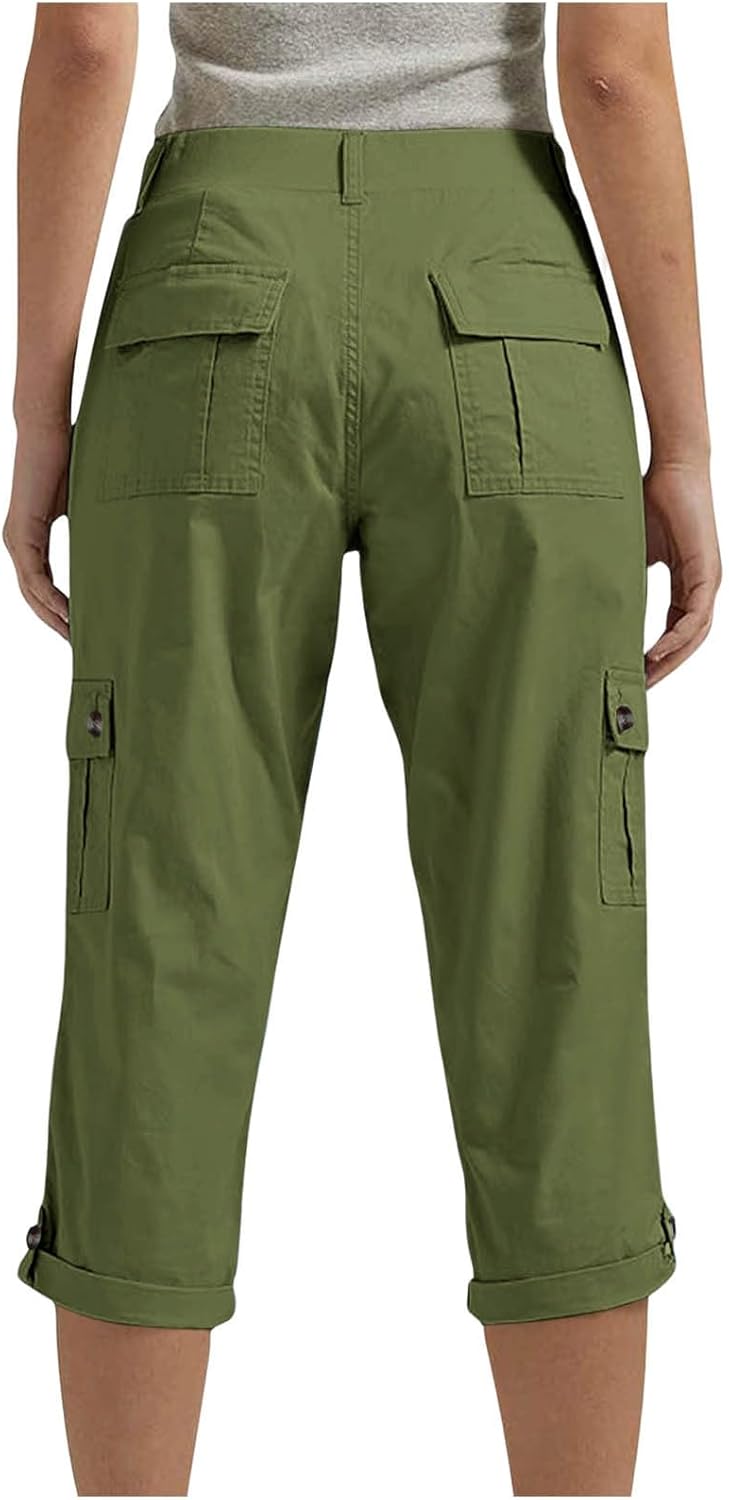 Cargo Shorts for Women Casual Elastic Waist Knee Length Twill Half Shorts Pants with Pockets