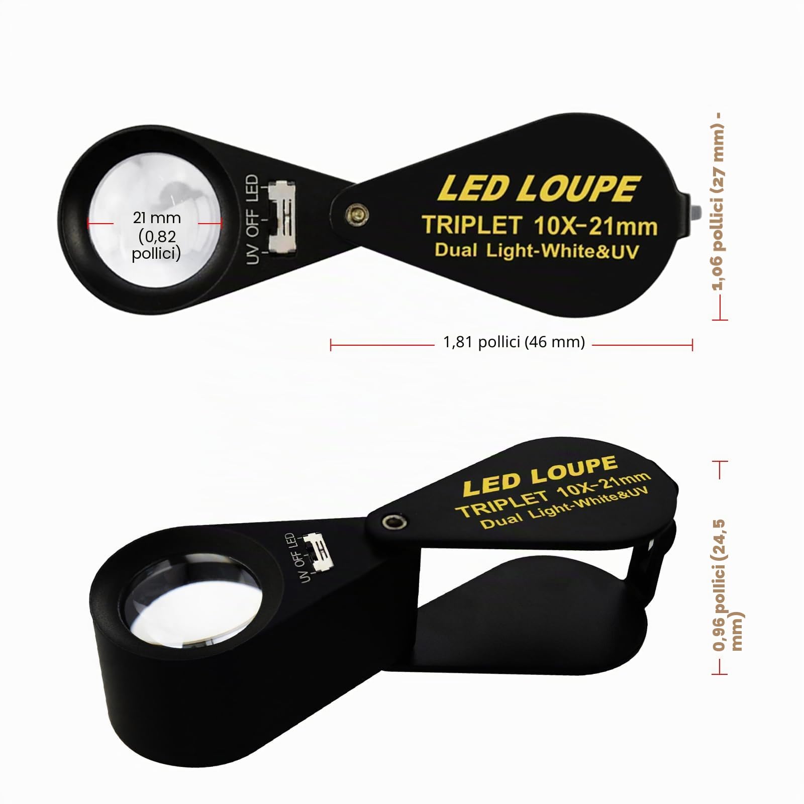 Lente di ingrandimento per gioielli 10x con LED UV, lente tripla da 21 mm, vetro ottico, strumento di ingrandimento tascabile per gioiellieri, filatelici e numismatici