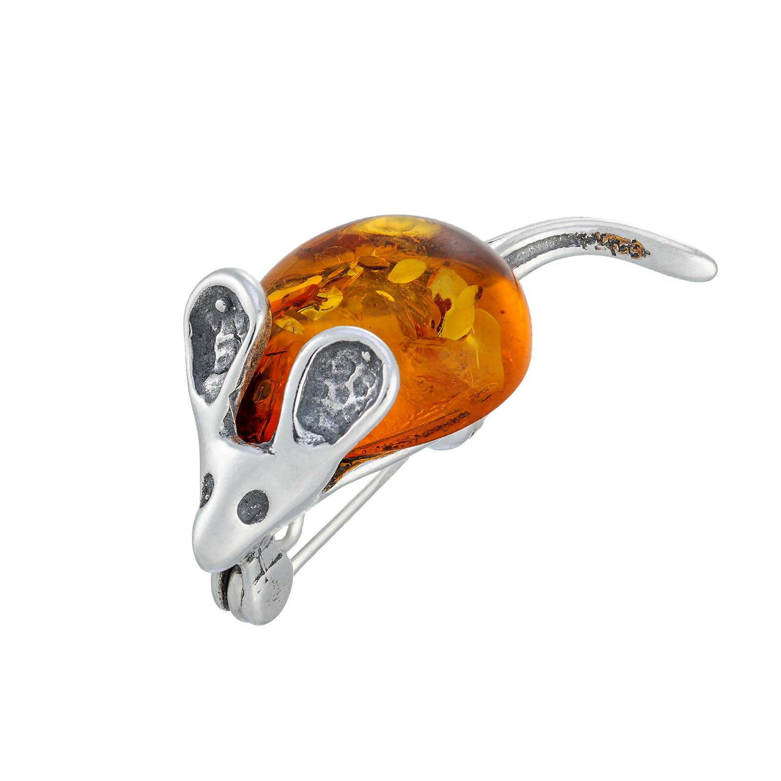 Damen Silberne Brosche Maus mit Bernstein, Poliertes Sterling Silber, Baltischer Bernstein in Cognac Farbe