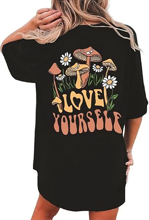 Oversized Graphic Tee Shirt Women Short Sleeve Drop Shoulder Inspirational Positive Saying Aesthetic Casual Tee Top